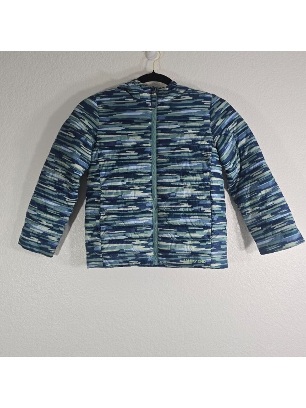 Lands End Puffer Jacket Kids Size Small 6-7 Blue Zip Outdoor Camo Winter Snow
